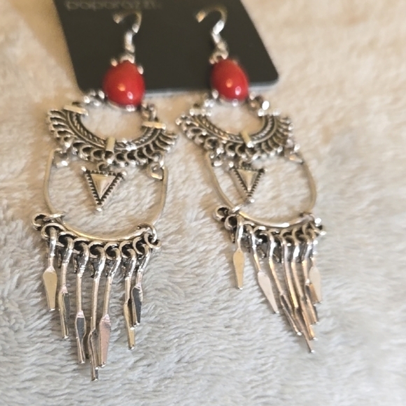 #087 Paparazzi Silver and Red Dangle Earrings - Picture 3 of 4